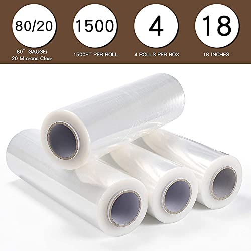 Prinko 18" X 1500Ft X 80 Gauge Thick (20 Micron) Clear Cast Pallet Stretch Wrap Film Pack Of 4 Rolls, 1500' Per Roll, Total 6000' (4 Rolls) #TOP1