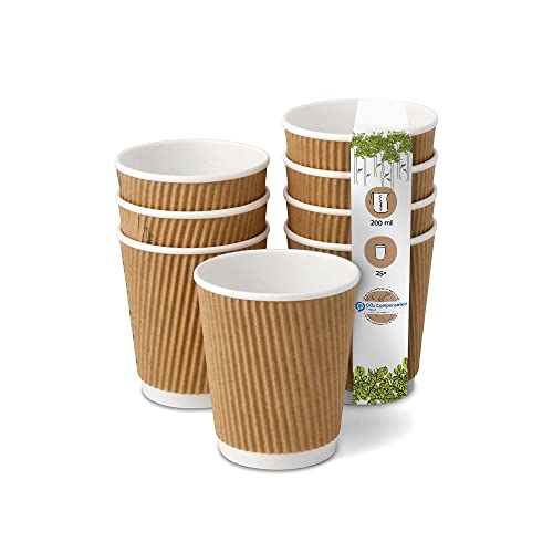 BIOZOYG Pack of 25 Coffee Cups Insulated Paper Cups 200 ml / 8 oz Diameter 80 mm White/Brown - Ribbed Plastic-Free Sustainable Materials - Disposable Cups Mulled Wine Cups