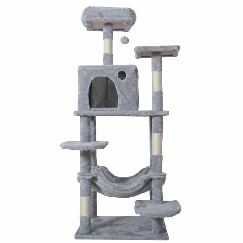 141cm Grey Cat Tree Tower for Indoor Cats with Large Condo, Plush Hammock, Multi-Level Platforms and Sisal Scratching Posts, Modern Cat Climbing Activity Center