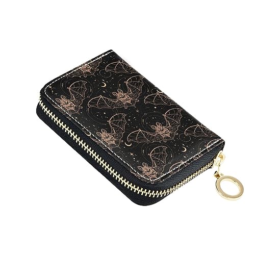 Gothic Bats Moon RFID Credit Card Holder Leather With Zipper Card Case Wallet for Women Girls