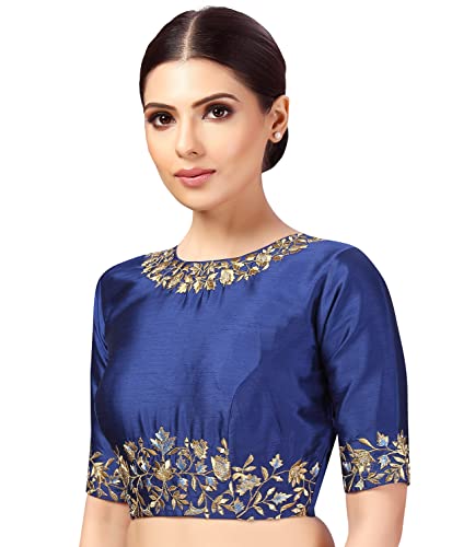 Studio Shringaar Women's Polyester Elbow Length Sleeves Art Silk Embroidered Saree Blouse