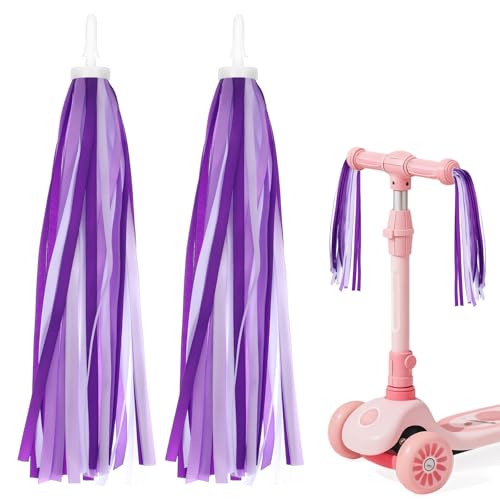1 Pair Bike Streamers Bike Tassels for Kids, Child Bikes Accessories Handle Bar Grips Accessories Scooter Bicycle for Boys and Girls(White Purple)