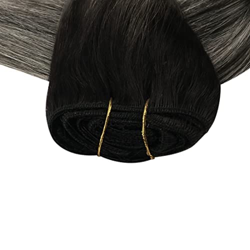 Full Shine Clip in Hair Extensions Black And Silver Double Weft Clip on Extensions Remy Human Hair Black Ombre Straight Seamless Human Hair Extensions 18 Inch 120g thumbnail