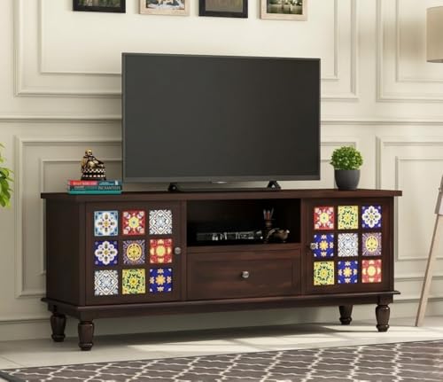 Image of Solid Wood TV Unit for Living Room 55 Inch Furniture - Wooden TV Unit with Storage Cabinet with 1 Drawr, 3 Shelves Wooden TV Cabinet for Living Room - Fits up to 55-Inch TV (Jaxon)