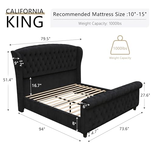 Image of AMERLIFE California King Size Platform Bed Frame, Velvet Upholstered Sleigh Bed with Scroll Wingback Headboard & Footboard /Button Tufted /No Box Spring Required /Black
