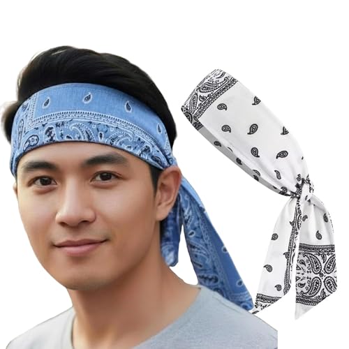 Image of Sweat Sweatband Headband Men, Ninja Headbands, Sports Head Tie, Mens Paisley Headband Long Hair, Athletic Head Band - White and Blue Combo