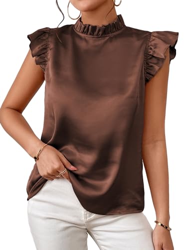 SweatyRocks Women's Elegant Mock Neck Ruffle Trim Tops Butterfly Sleeve Summer Office Blouses
