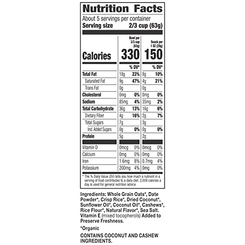Image of Cascadian Farm Organic Granola with No Added Sugar, Coconut Cashew Cereal, Resealable Pouch, 11 oz. (Pack of 5)