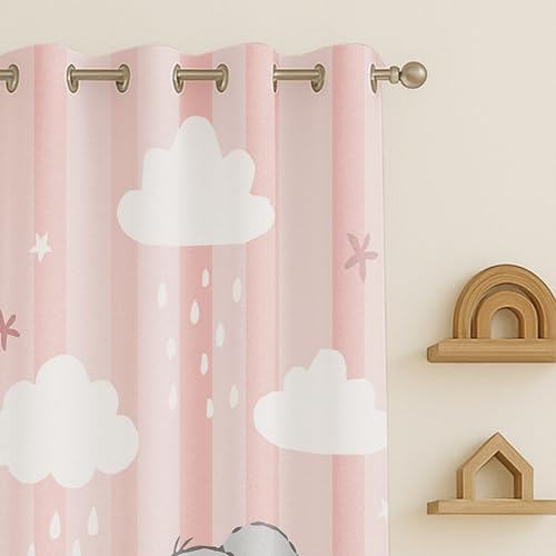 Image of STITCHNEST Velvet Kids Curtains Pack of 1 | Pink Elephant Cartoon Print | Semi Blackout Curtains for Nursery, Baby Girl & Toddler Room | 7 Feet