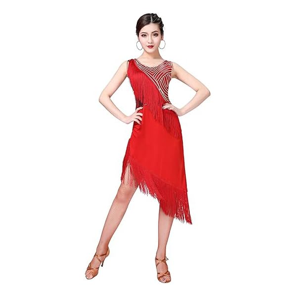 JRUIA Women's Latin Dance Dresses Tango Dancing Clothing Ballroom Dancewear Cha Cha Outfit Asymmetric Hem Fringe Skirt