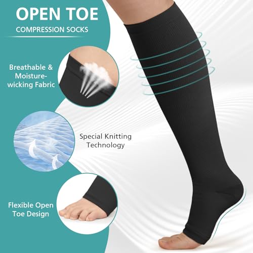 Image of Open Toe Compression Socks for Men & Women - 3 Pairs 15-20 mmhg Toeless Knee High Stockings for Circulation, Nursing, Running