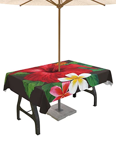QueenKer Outdoor Tablecloth with Umbrella Hole for Patio, Red Hibiscus Flowers Rectangle Tables Waterproof Tabletop Collection for Garden, Picnic, Camping 52 x 70 inch