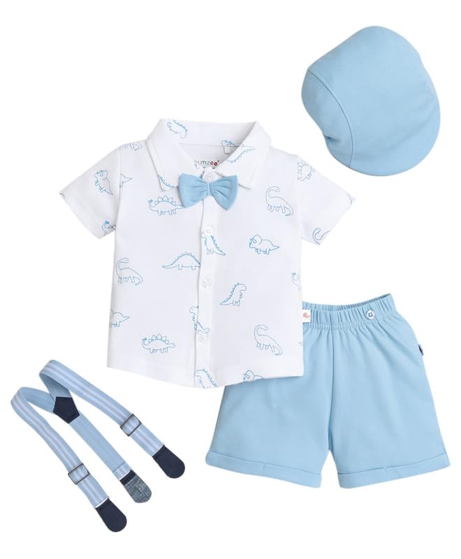 Boys Cotton Shirt & Short Set With Bow Suspender With Cap-image-2