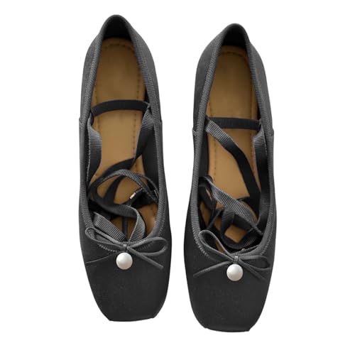Vertundy Women's Ballet Flats Satin Closed Round Toe Lace Up Ballerina Flats Pearl Design Strappy Shoes3