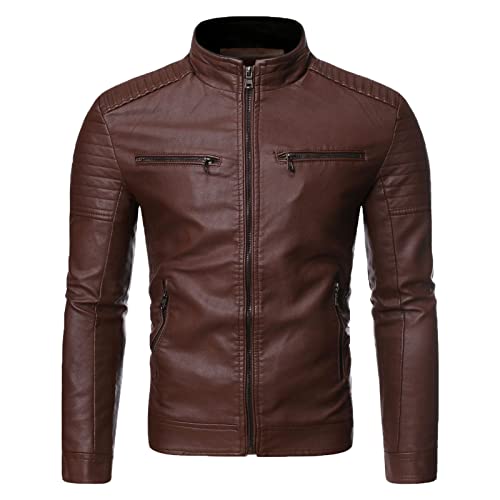Maiyifu-GJ Men Slim Fit Faux Leather Jacket Stand Collar PU Motorcycle Biker Coat Vintage Zip Up Lightweight Bomber Jackets (Brown,Medium)