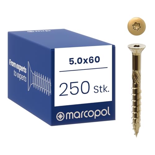 Marcopol Holzschrauben mit Senkkopf 5 x 60 mm 250 Stück TX25 Gelb Verzinkt - Senkkopfschrauben mit Torx Antrieb - Schrauben mit Frässpitze Schneidkerben Aufbohrfräse und Wachsbeschichtung
