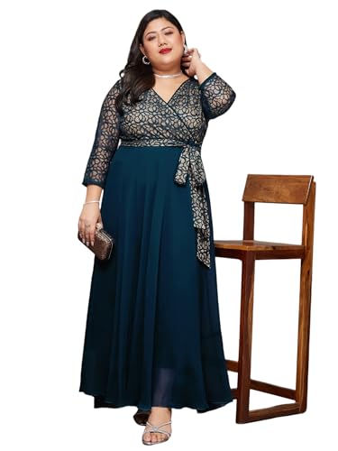 Image of Miss Chase A+ Women's Floral Printed Relaxed Fit V -Neck 3 /4Th Sleeve Georgette Maxi Dress