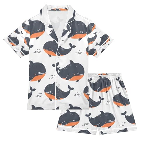 senya Cartoon Whale Orange Satin Summer Pajama Sets Silk Short Sleeve Button Down Sleepwear