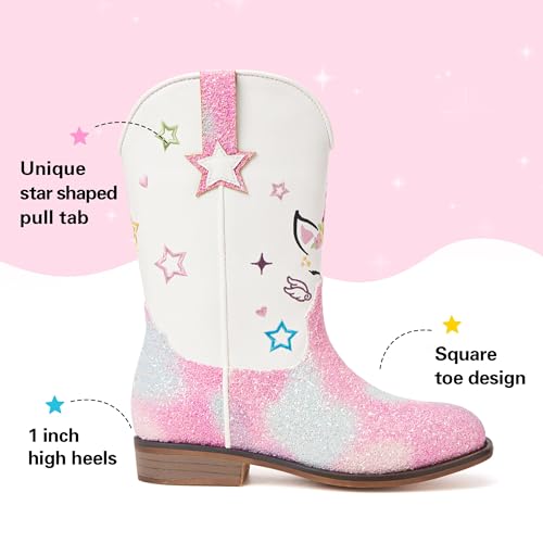 Julyrose Girls Cowgirl Boots Toddler Western Cowboy Boots - Glitter Square Toe Mid Calf Riding Shoes for Little Kids, Big Kids2