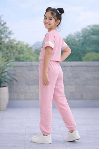 Image of Trampoline Girls Printed Co-Ord Set | Half Sleeve T-Shirt & Jogger Trackpant Set | Casual Wear Lounge Wear Outfit for Girls