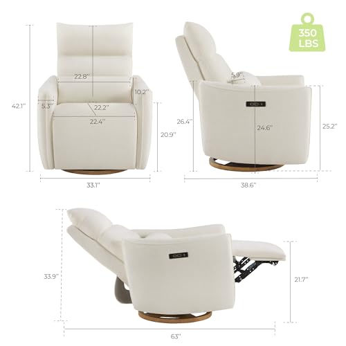 CHITA Swivel Rocker Recliner Chair, Power Nursery Glider Recliner, Nursery Rocking Chair with Adjustable Power Headrest, FSC Certified, Solid Wood Base, Cream