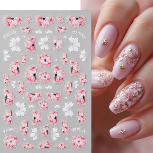 Spring Day French Pink Flower Nail Art Stickers - 3D Embossed Pin...