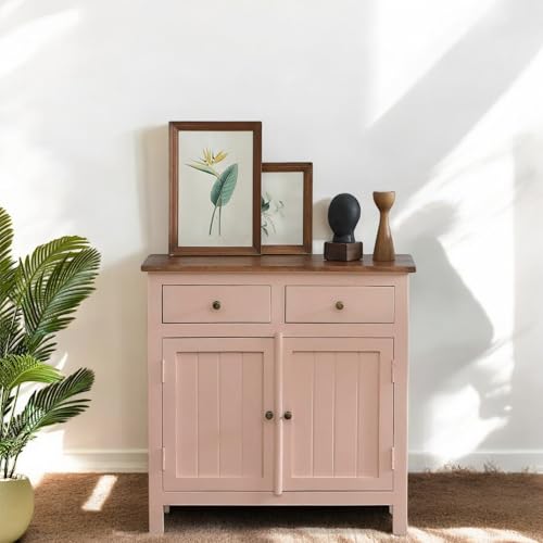 Image of Solid Wood Sideboard Cabinet | 2 Drawers | Premium Tubaq Top with Rosset Pink | Stylish Wooden Storage for Living Room & Hall