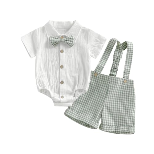 Image of Nibbcoa Baby Boy Clothes Set Infant Bow Tie Button Down Shirt Bodysuit Top Striped/Plaid Shorts 2Pcs Summer Outfit