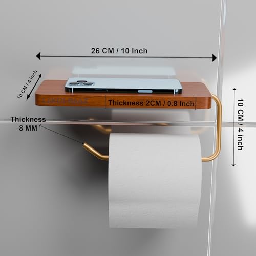 Image of Wooden Toilet Paper Holder with Phone Shelf for Bathroom - Gold Finish Metal Tissue Roll Holder Wall Mount - Drill Only - Smartphone Shelf Organizer