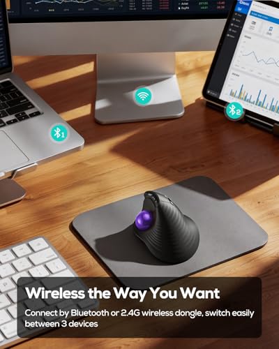 Image of Nulea M514 Vertical Trackball Mouse, Ergonomic Wireless Thumb-Control Mouse with Quiet Clicks, 3 Device Connection (Bluetooth & USB Receiver), Rechargeable for PC /Mac /Laptop /Tablet.(Purple)