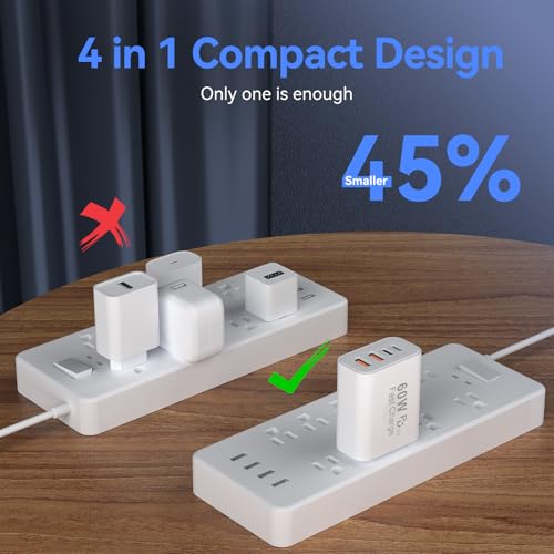 Image of USB C Wall Fast Charger Block, 60W 4-Port Type C Charger Fast Charging Blocks +QC 3.0 USB C Multiport Charger Brick for Phone 16 /15 /14 /13 /12 Pro Max, Pad, Galaxy S24 /23