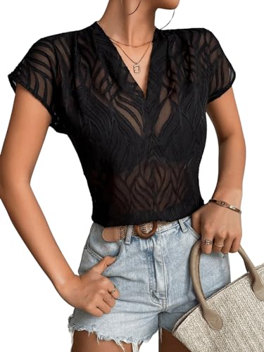 SweatyRocks Women's Sheer Mesh See Through Short Sleeve Blouse V Neck Plain Tee Shirt Tops3
