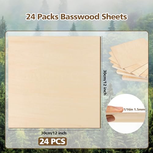 Adrattnay Basswood Sheets 1/16 x 12 x 12 inch - 1.5mm Basswood Sheets Plywood Sheets, 24Pcs Square Unfinished Wood Board for DIY Crafts, Laser Cutting, Wood Burning, Painting, Model Carving - Image 2