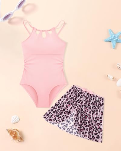 Image of Redair Girls Swimsuit One Piece Swimwear with Tropical Printed Cover Up Skirt Girls Bathing Suits Set 7-16 Years