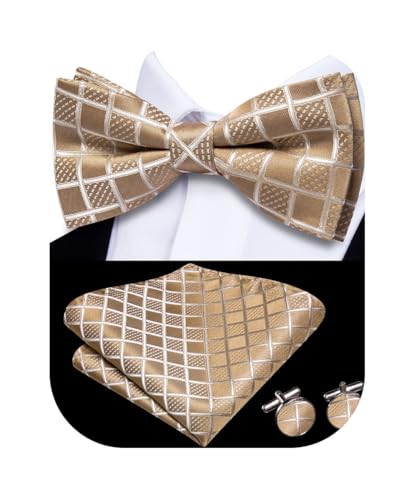 Image of Hi-Tie Champagne Bow Ties for Men Plaid Dots Handkerchief with Cufflinks Mens Bowtie Sets for Wedding Formal Party