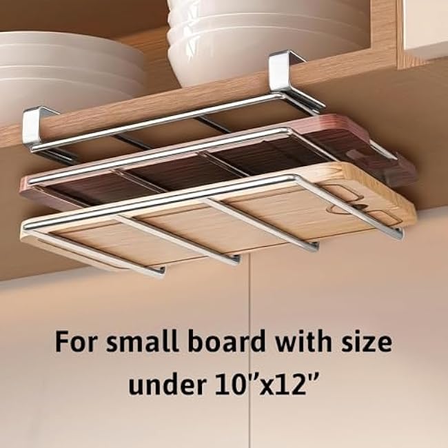 Under Cabinet Cutting Board Holder Organizer, 10.4x11.8x2.4'' Stainless Steel Hanging Chopping Board Storage Space Saving Under Shelf Counter Rack Pot Lid Holder Heavy Duty (Silver)