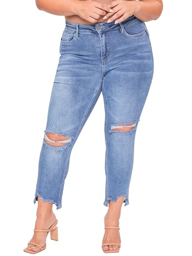 YMI Women's Junior Plus Size Slim Straight Ankle Jean with Hem Destruction