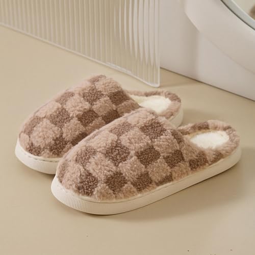 Checkered Fleece Slipper for Women Lightweight Lounging Warm Slide Winter House Sandal Anti-slip Shoes2