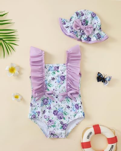 Image of Toddler Girl Swimsuit Baby Girl Bathing Suit Long Sleeve Floral Zipper One-Piece Rash Guard Swimsuit with Hat