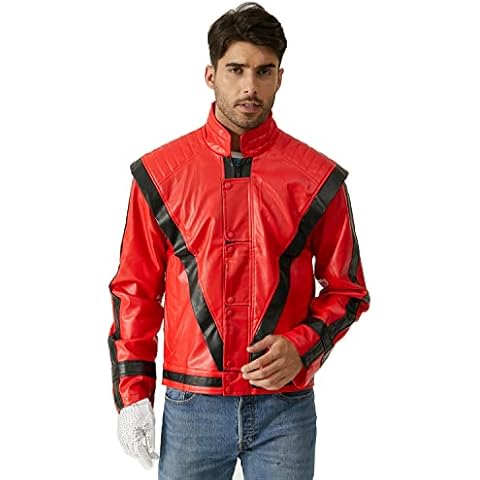 Shuanghao Unisex Thriller Beat it Red Leather Jackets Costumes Halloween Dance Party Christmas Cosplay by Michael Jackso Men Women Billie Jea full of personality Coat (give Glove)(M, Red Black) Cover
