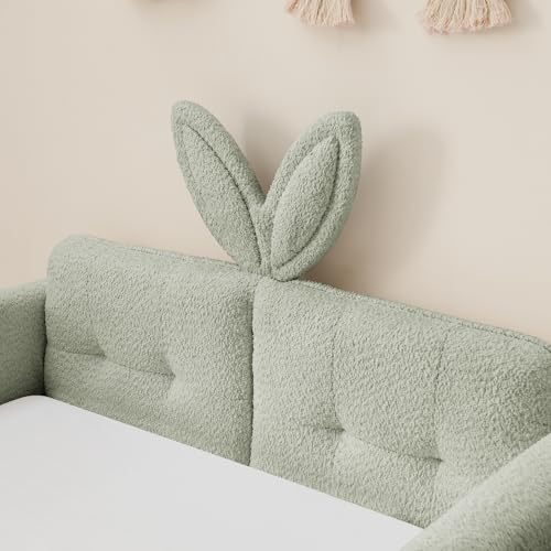Image of KEIKI Twin Size Upholstered Platform Bed Frame with Guardrail, Slats, Cyan | Boucle Platform Bed with Cute Rabbit Ear Shaped Headboard, Pocket, for Boys and Girls, No Box Spring Required, Easy Assembly