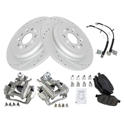 Image of TRQ Performance Rear Brake Pad and Rotor Set Semi Metallic Slotted Drilled Calipers Hoses Compatible with 2011 Ford Explorer
