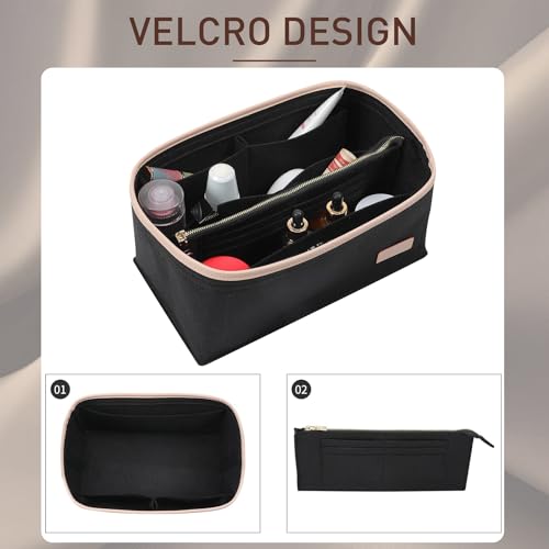 Image of Doxo Purse Organizer Insert & Base Shaper 2pc Set, Felt Handbag Bag Fit LV Speedy Neverfull (L-Black)