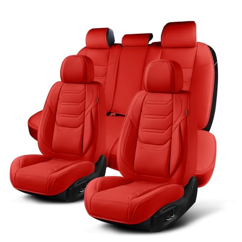 Image of TIEHESYT Leather Car Seat Covers Full Set with Lumbar Support, Waterproof Car Seat Cover, Universal Seat Covers for Cars, Trucks, SUVs, Sedans, Airbag Compatible, Front Pair and Rear, Red