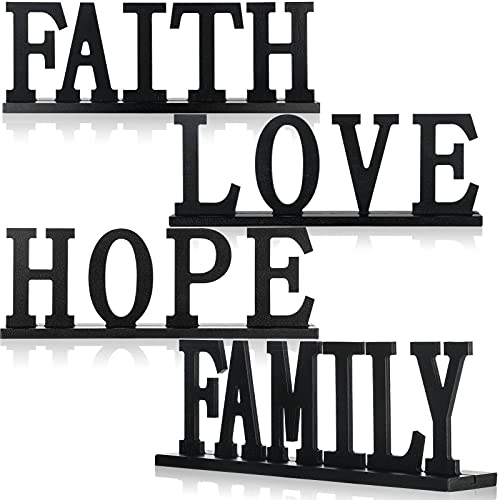 4 Pieces Love Faith Hope Family Wood Word Sign Black...
