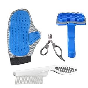 Emily Pets Dog Grooming Kit Slicker Brush Dog Nail Cutter Scissors Pet Bath Brush Grooming Comb Pet Single Steel Comb Grooming Glove for Dog, Puppy, Cat and Kitten(Pack of 4, Multi Color)