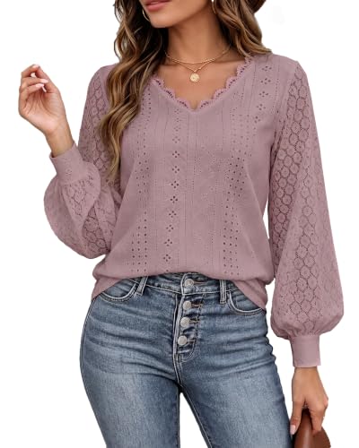 Hount Damen Spitze Tops Spitzenkragen Casual Blusen mit Laternenärmeln Sommer V-Ausschnitt Oberteile Tunika (L, Rosa)