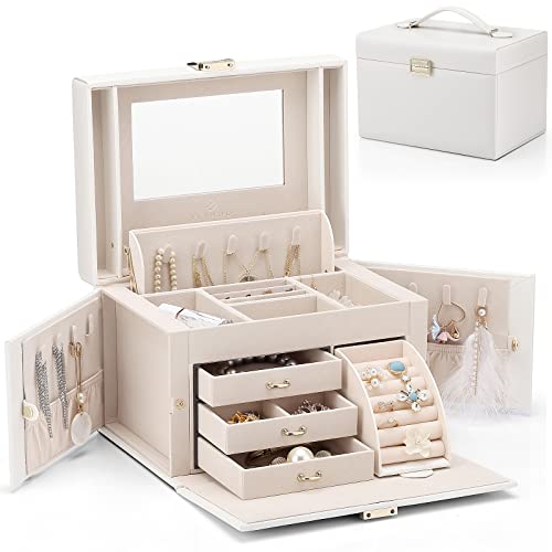 Vlando Faux Leather Jewelry Box Organizer, 6 Colors Available, Vintage Gift Case (White)