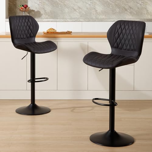 Image of Modern Bar Stools, Swivel Barstools Counter Height with High Backrest, Adjustable Fabric Bar Stools for Kitchen Island Chairs Black