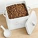 SOUJOY Pet Treat and Food Storage Bin with Lid and Scoop, 5LBS White Vintage Farmhouse Storage Tin, Coated Carbon Steel Canister, Gift for Dogs Owners
